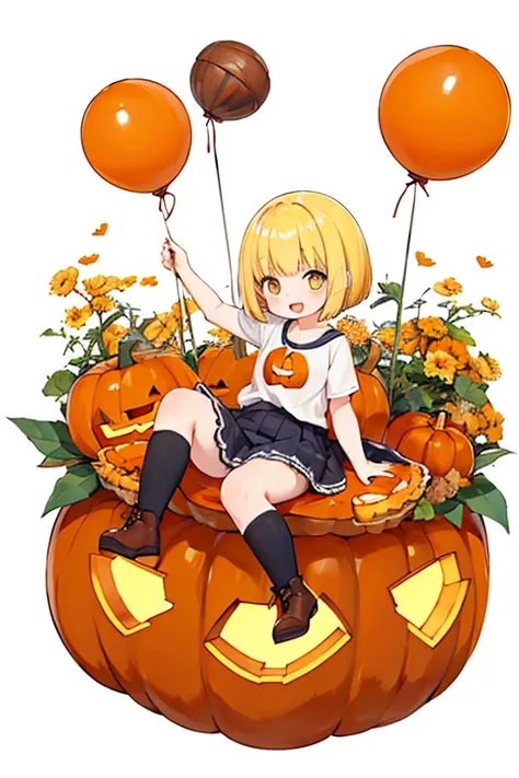 solo, 1girl, deep-yellow hair, medium bob cut, orange-colored eyes, brown boots, happy, :D, white shirts, orange-colored balloon skirt, sitting on big pumpkin tart, (pumpkin tart:1.4), pumpkin-pie, many pumpkins, grape vines,childbook,[(WHITE BACKGROUND:1....