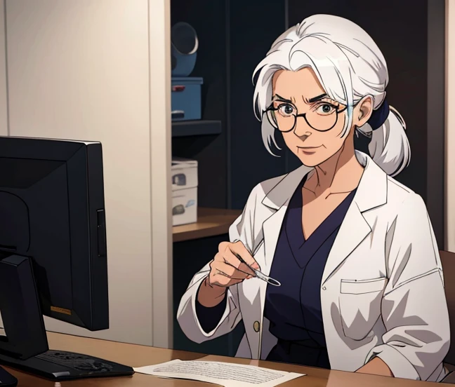 Female, 80-years-old, elderly, white hair tied in a ponytail, doctor, glasses, single character.