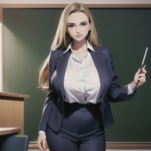 SFW, photorealistic, professional photo, Natalie Portman aged 19, medium cowboy shot, very long hair, extremely tall, slim, formal business attire, tucked in blouse, slacks, classroom, chalkboard, (huge tits:1.1), (top heavy:1.1), (oppai proportion:1.1), (...