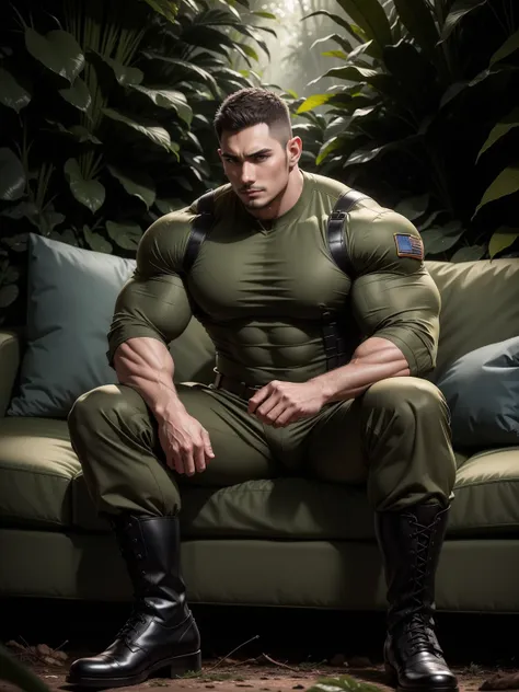 Sad frowning High giant muscular man sitting in the forest，Dark brown camouflage military uniform，role conception（Resident Evil - Chris Redfield，Chris Redfield）His hairstyle is a crew cut，身穿Dark brown camouflage military uniform，Matte texture，Soft and comf...