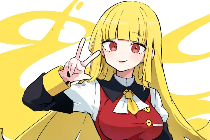 1 girl, Solo, Mature female, (Blonde, Straight hair, Absurdly long hair, Blunt bangs: 1.2), Red eyes, Huge breasts, School uniform, Smile, V-sign