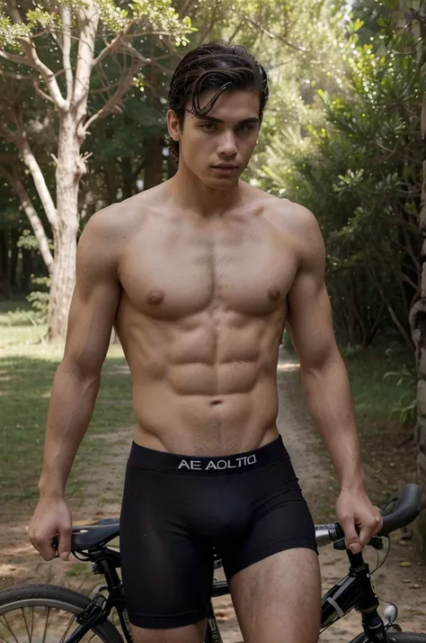 ((obra maestra)),((Mejor calidad)),((alto detalle)),((Realista,)) ((Ultra detallado)) masculino, joven europeo, 17 year old, sin camisa en bicicleta en el bosque, guapo, cabello negro, piel blanca, francia, paquete grande, sexy