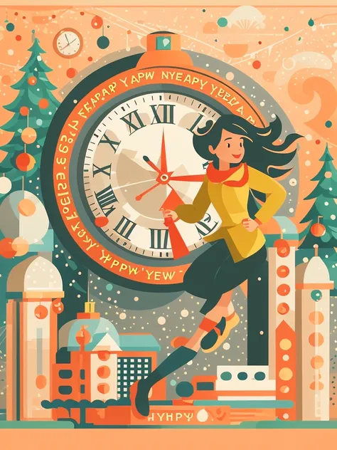 new year，New Year，Countdown to New Year’s Eve，flat illustration，flat illustration，A girl stands on top of a super big clock and runs forward，full of imagination，warm scene，festive，Vector illustration