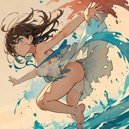 jumping watercolor paint nudist、Torn clothes are scattered around、Unstable buoyancy sandstorm、amazing dynamism、great angle、Surrounded by watercolor paint cloth