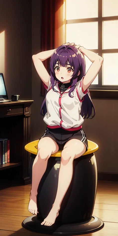 1girl, sitting on the Exercise ball , arms raised in the air , front view, cute