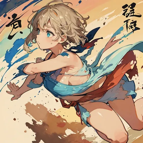 jumping watercolor paint nudist、Torn clothes are scattered around、Unstable buoyancy sandstorm、amazing dynamism、great angle、A cloth covered in numerous watercolors chases you、bouncing waistband