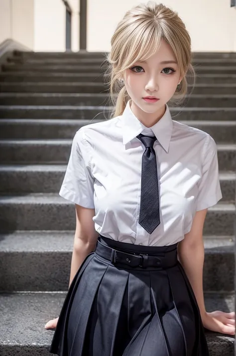 Gray eyes, South Korea school uniform, summer school uniform shirt, ribbon tie, skirt, bright blonde hair, school stairs, lower school stairs, chest thrust pose, chest bragging pose, 8k original photo, high resolution, 16-year-old Korean cool, very large r...