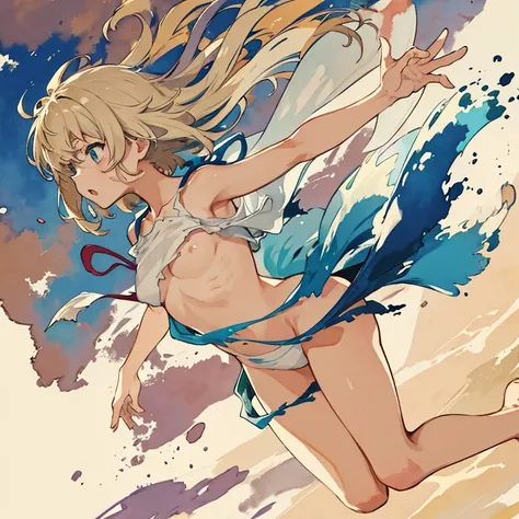 jumping watercolor paint nudist、Torn clothes are scattered around、Unstable buoyancy sandstorm、amazing dynamism、great angle、A cloth covered in numerous watercolors chases you、