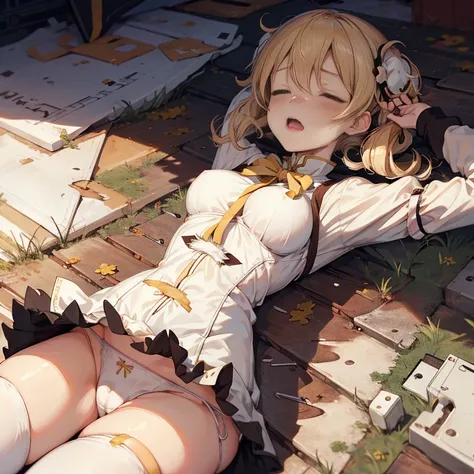 1 girl, corpse, perfect anatomy, laying on ground, mami tomoe, masterpiece, best quality, highres, big breast, pain, screaming, closed eyes, torn clothes, (white panties:1.2), tearing up, wreck, explosion