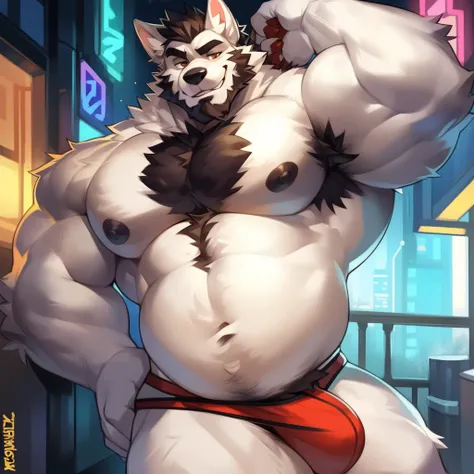 Solo, male, buff white wolf, strong muscles, muscle stomach, six pack stomach, neon city, by mystikfox61, by glitter trap boy, by darkgem, muscular, body hair, very hairy, dilf, beard, black chest hair, white fur, no shirt, jockstrap, brown eyes, big pecs,...