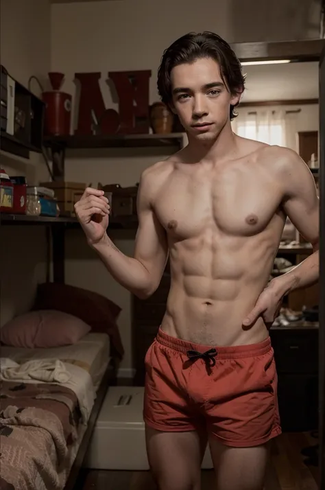 1 chico joven guapo, foto retrato de Liam Aiken, sin camisa, en una habitacion con corazones rosas