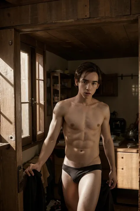 1 chico joven guapo, foto retrato de Liam Aiken, sin camisa, en una habitacion de spaw 