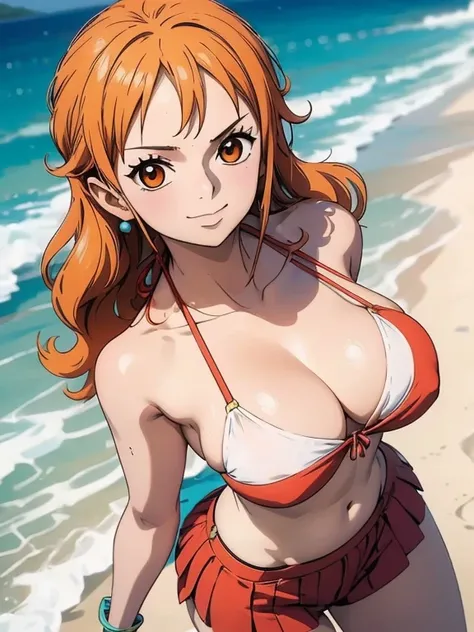 Nami wears a bikini top and super red miniskirt, uma obra-prima , Retrato bonito , arte de anime digital detalhada , Muito detalhes Artgerm haha, deviantart artstation cgsscosiety , fanart melhor artstation, Artgerm. alto detalhamento, seios grandes, deita...