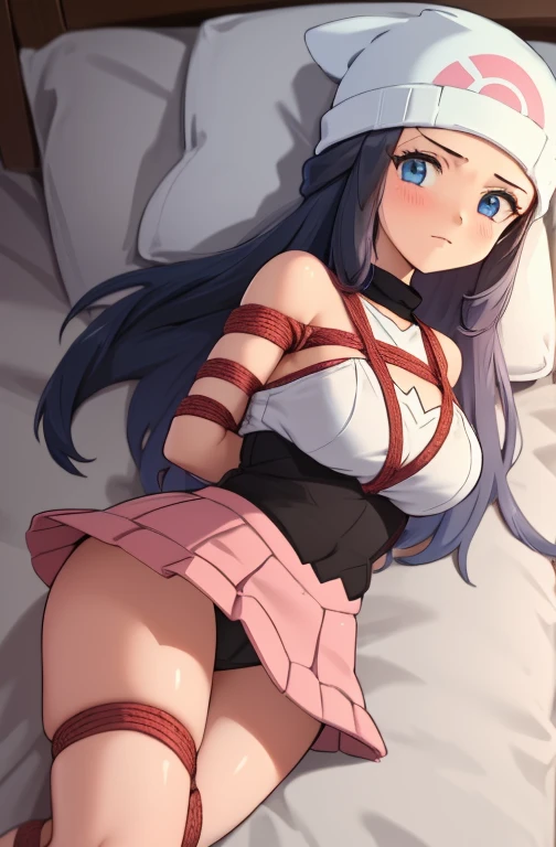 (tied arms, turn your arms behind your back, rope, tied legs:1.2)，lie in bed，M-shaped spread legs，open your legs，Show off your pants，Black panties，pink skirt，gag，High resolution, highest quality, illustration, Super detailed, soft lighting, highest quality...