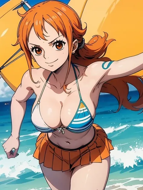 Nami wears a bikini top and super red miniskirt, uma obra-prima , Retrato bonito , arte de anime digital detalhada , Muito detalhes Artgerm haha, deviantart artstation cgsscosiety , fanart melhor artstation, Artgerm. alto detalhamento, seios grandes, olhan...