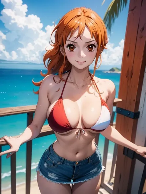 Nami wears a bikini top and super red miniskirt, uma obra-prima , Retrato bonito , arte de anime digital detalhada , Muito detalhes Artgerm haha, deviantart artstation cgsscosiety , fanart melhor artstation, Artgerm. alto detalhamento, seios grandes, olhan...