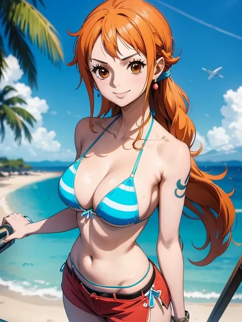 Nami wears a bikini top and super red miniskirt, uma obra-prima , Retrato bonito , arte de anime digital detalhada , Muito detalhes Artgerm haha, deviantart artstation cgsscosiety , fanart melhor artstation, Artgerm. alto detalhamento, seios grandes, olhan...