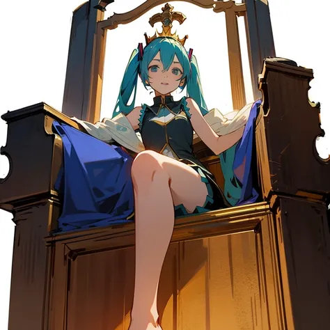 1girl, hatsune miku, princess outfit, crown, gold, ((throne)), in a castle, middle ages, wearing a blue vest, one foot on the gr...