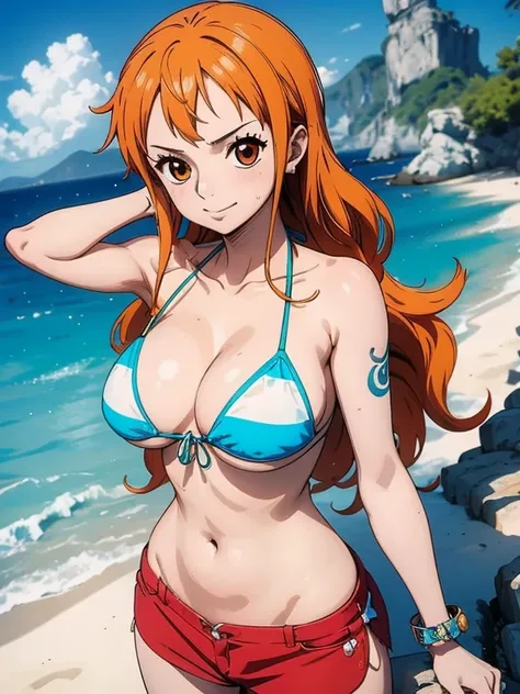 Nami wears a bikini top and super red miniskirt, uma obra-prima , Retrato bonito , arte de anime digital detalhada , Muito detalhes Artgerm haha, deviantart artstation cgsscosiety , fanart melhor artstation, Artgerm. alto detalhamento, seios grandes, olhan...