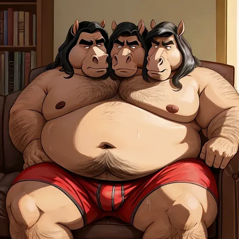 two heads one body, horse, identical, grumpy, annoyed, frowning, obese, fat, old, living room background, anatomically correct eyes, shirtless, nipples, underpants, navel, sweaty, hairy, gross, sitting on couch, Disney style, rugged style, dirty style