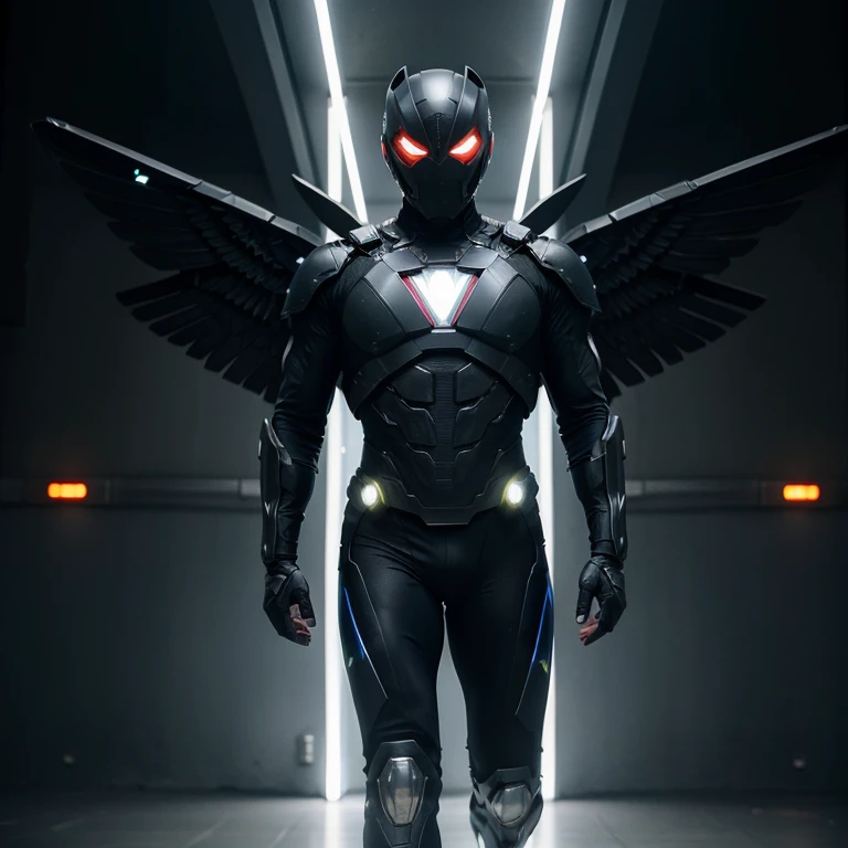 "Imagine a new superhero with a futuristic appearance and powers based on advanced technology. He has shiny exoskeletal armor, made of a resistant and flexible material. His armor is adorned with rows of LED lights that light up and flash in vibrant colors...