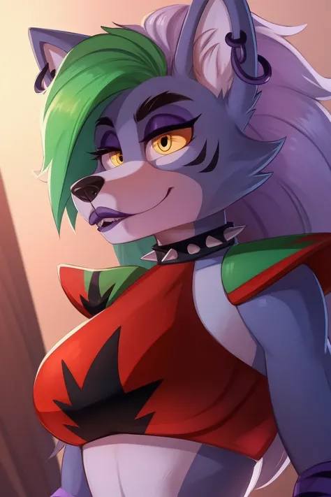 best quality,   fnafroxanne, furry female, body fur, makeup, wolf ears, wolf tail, crop top, big breasts, purple lipstick, collar, spikes, jewelry, ear piercing, bracelet, yellow eyes, detailed eyes,  3DMM, gray hair, green hair,