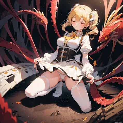 1 girl, solo, corpse, perfect anatomy, kneeling on ground, mami tomoe, masterpiece, best quality, highres, big breast, closed eyes, :o, unconscious, torn clothes, (white panties:1.2) BREAK red tentacles, scenery