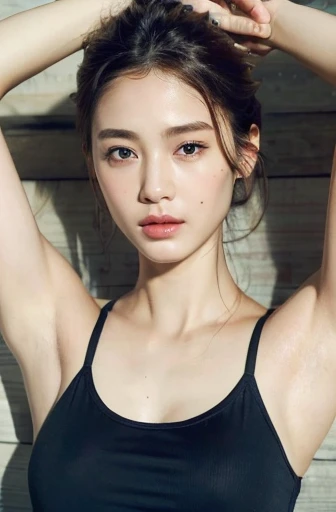 ((quality, 8k, masterpiece: 1.3)), 1 girl, Beauty with slim abs: 1.3, (Random hairstyle: 1.2), oversized tank top: 1.2, Super detailed faces, delicate eyes, double eyelids, armpit, original photo