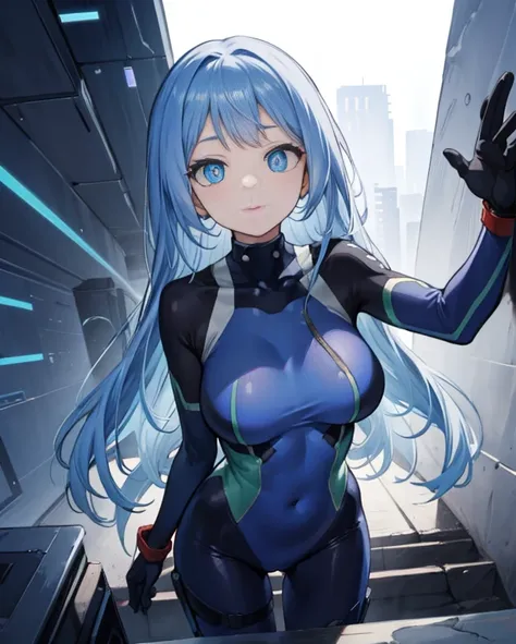 Nejirehadu, Nejire Wave, blue eyes, blue hair, long hair,
BREAK is blue body suit, body suit, Drill Hair, gloves, green body suit, multicolored body suit, multicolored clothes, yellow gloves,
BREAK is looking at viewer, whole body,
BREAK is indoors, pool,
...