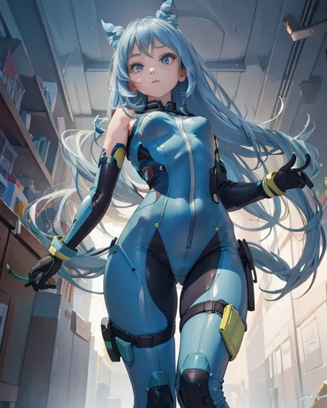 Nejirehadu, Nejire Wave, blue eyes, blue hair, long hair,
BREAK is blue body suit, body suit, Drill Hair, gloves, green body suit, multicolored body suit, multicolored clothes, yellow gloves,
BREAK is looking at viewer, whole body,
BREAK is indoors, classr...