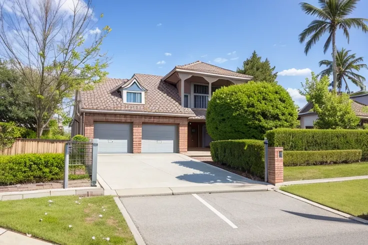 a close up of a driveway with a garage and a tree, real estate photography, f5.6, exterior, immaculately detailed, front view dramatic, front side, 2022, 2 0 2 2, exterior view, 8 1 5, acclaimed masterpiece, outside view, 7 7 7 7, villa, front, a wide full...