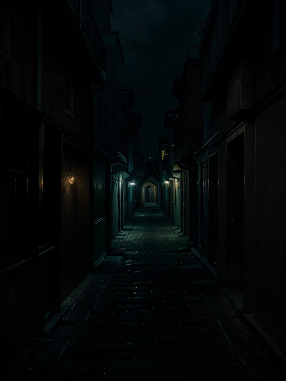 A small moody dimly lit alley at night. Wide angle fine art photography. Mysterious atmosphere.