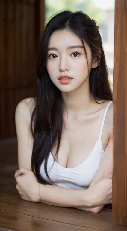 (1 cute Korean star) shoulder length hair, light makeup, big chest size, wearing a tank top, clear facial features, 8K high resolution, edgy, realistic details.from outside, Eye level shooting, f/4.0, 135mm, Fujifilm, jpeg artifacts, Dithering, UHD, smooth...