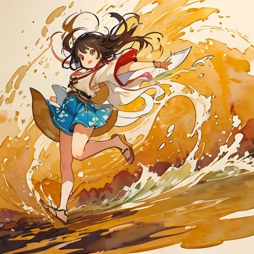 Jump curry watercolor stain girl、Torn curry udon noodles are scattered around、unstable watercolor buoyant sandstorm、amazing dynamism、great angle、Waves of watercolor Indian curry follow、