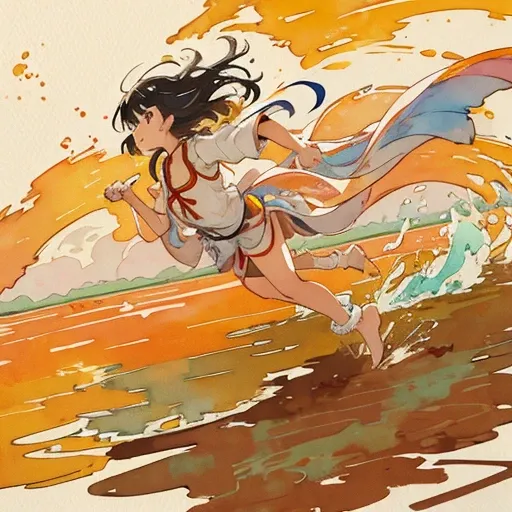 Jump curry watercolor stain girl、Torn curry udon noodles are scattered around、unstable watercolor buoyant sandstorm、amazing dynamism、great angle、Waves of watercolor Indian curry follow、