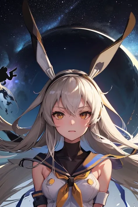 hyper detailed, perfect anatomy, extremely detailed and delicate, 1 girl, shimakaze(kancolle), 1 black cat, night sky, stars, milkyway, hugging a black cat,