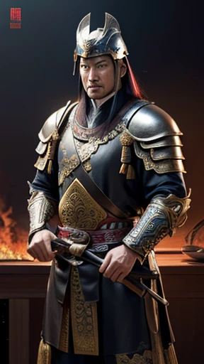 oriental、man in ancient chinese armor、Ancient Chinese man wearing a leather helmet、three kingdom、multiple warlords、highest quality、masterpiece、ultra high resolution、(realistic:1.4)、Game Posters、Clear and beautiful image quality、