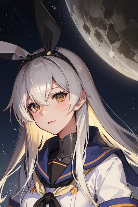 hyper detailed, perfect anatomy, extremely detailed and delicate, 1 girl, shimakaze(kancolle), 1 black cat, night sky, stars, milkyway, hugging a black cat,