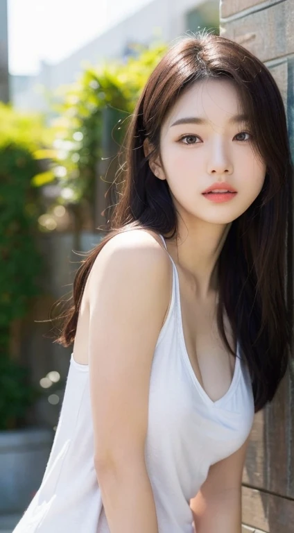 (1 cute korean star) shoulder length hair, light makeup, big chest size, wearing a tank top, clear facial features, 8k high reso...