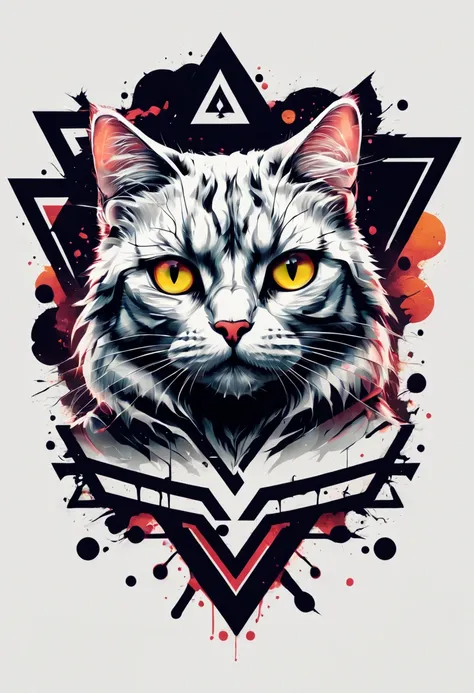 cat logo design (triangle ),t shirt design,beefy style,design only,white background,no model,professional,high contrast,high-res...