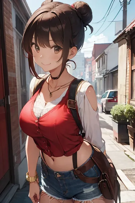 masterpiece、The best、1 female、denim vest、denim short、Red shirt， Bun bun、black hair、Shoulder leakage、big breasts、chubby、Smile、White suspender tights、lace leggingackpack，On campus，pose