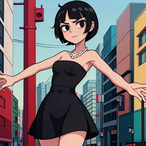 1 girl, solo, teenage, black hair, short black hair, medium hair, bob hair, black eyes, strapless, little black dress, off-the-s...