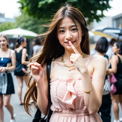 cute uk girl, beautiful, simple, smile, uk street, blur bg, in public places, block haire, beautiful necklace, handwatch, stylis...