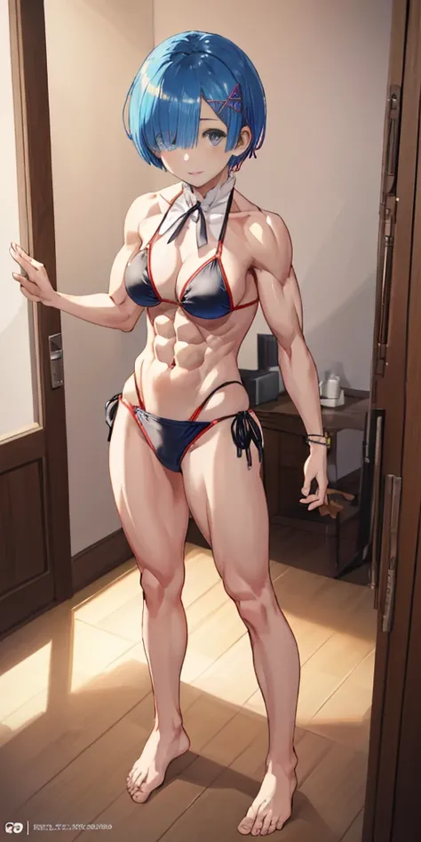 Looking at me, in the motel room, Rem_re_zero, blue hair, short hair, (((very short and sexy bikini))), hair ornament, ribbon, muscular legs, muscular belly, {{{full body photo}} }, standing, barefoot, eye reflection, glowing eyes, anime, anime style, cine...