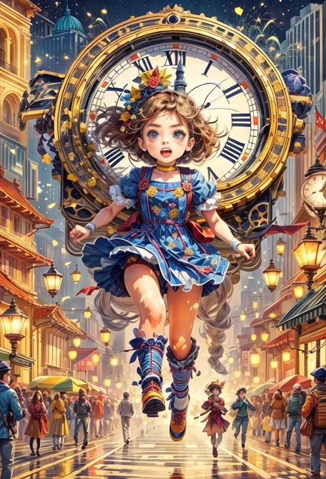 new year 2024，new year，clock hands midnight，flat illustration，flat illustration，(a girl stands on top of a super big clock and r...