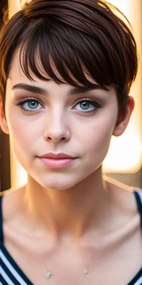 Photo of a 17-year-old European girl, .RAW, very beautiful woman, pecas en mejillas y pecho ,hermosos  ojos azules ,lindos ojos azules , linda sonrisa (Light brown hair pixie haircut),corte de cabello pixie ((retrato)), ((Cara detallada:1.2)), ((detailed f...