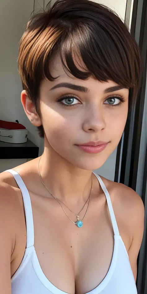 Photo of a 17-year-old European girl, .RAW, very beautiful woman, pecas en mejillas y pecho ,hermosos  ojos azules ,lindos ojos azules , linda sonrisa (Light brown hair pixie haircut),corte de cabello pixie ((retrato)), ((Cara detallada:1.2)), ((detailed f...