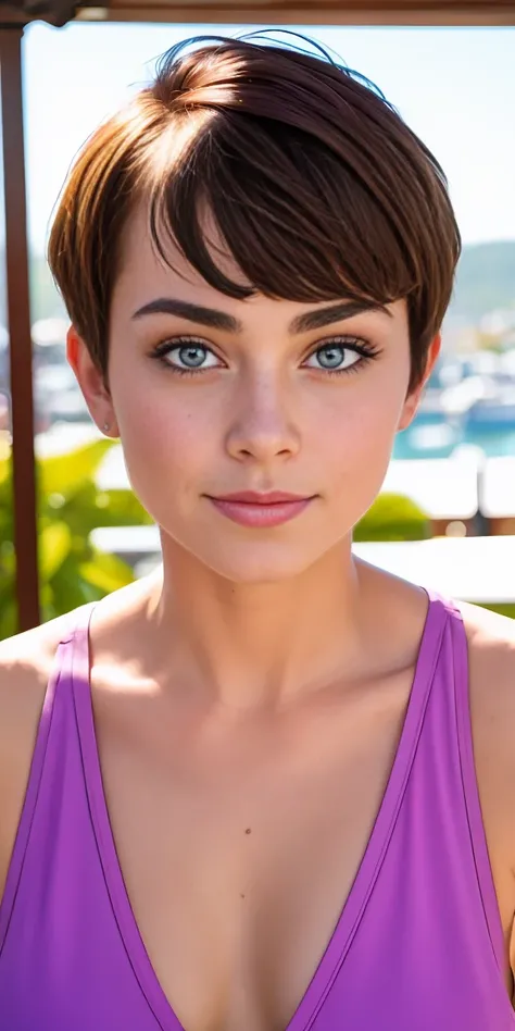 Photo of a 17-year-old European girl, .RAW, very beautiful woman, pecas en mejillas y pecho ,hermosos  ojos azules ,lindos ojos azules , linda sonrisa (Light brown hair pixie haircut),corte de cabello pixie ((retrato)), ((Cara detallada:1.2)), ((detailed f...