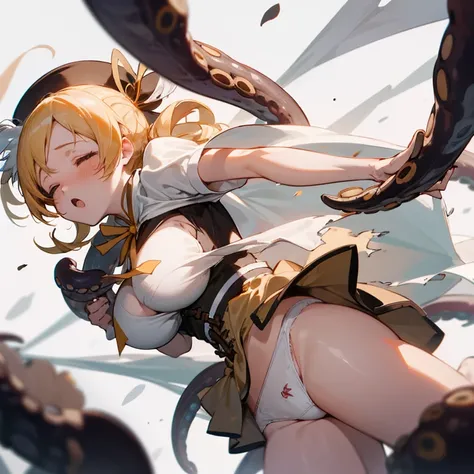 1 girl, solo, perfect anatomy, tottering, beaten, mami tomoe, masterpiece, best quality, highres, big breast, closed eyes, :o, unconscious, torn clothes, (white panties:1.2), tentacles hitting girl,, tilt head,