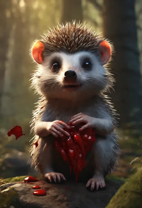 Hedgehog covered in blood, a bloody hedgehog in meat sits on a stone in the forest, charming digital painting, Rendering of monkeys, Anthropomorphic hedgehog, bloody fur, Rendering of the Marmoset ToolBaged, Zbrush Color Renderer, Rendering of the Marmoset...